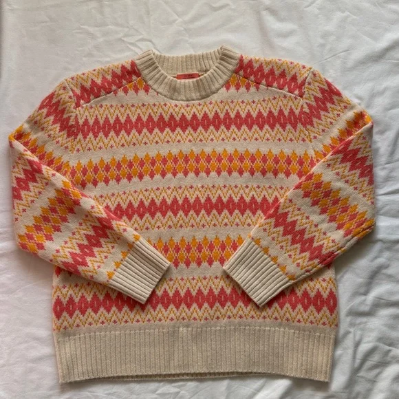J. Crew 100% Cashmere Women's Sweater - Pink, Yellow, Cream Geometric Design - Picture 1 of 12